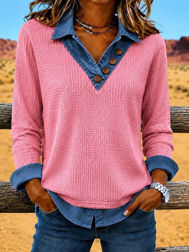 Women's Waffle Polo Shirts Bohemia Active Vacation Long Sleeve Long Tops Casual Daily Holiday Blue Pink Beige Spring Fall Winter - Pink
