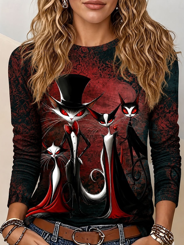 Halloween Women's Vampire Cat Family T Shirt Red Eyes Top Hat Gothic Cartoon Graphic Long Sleeve Crew Neck Casual Top Black Red - Red