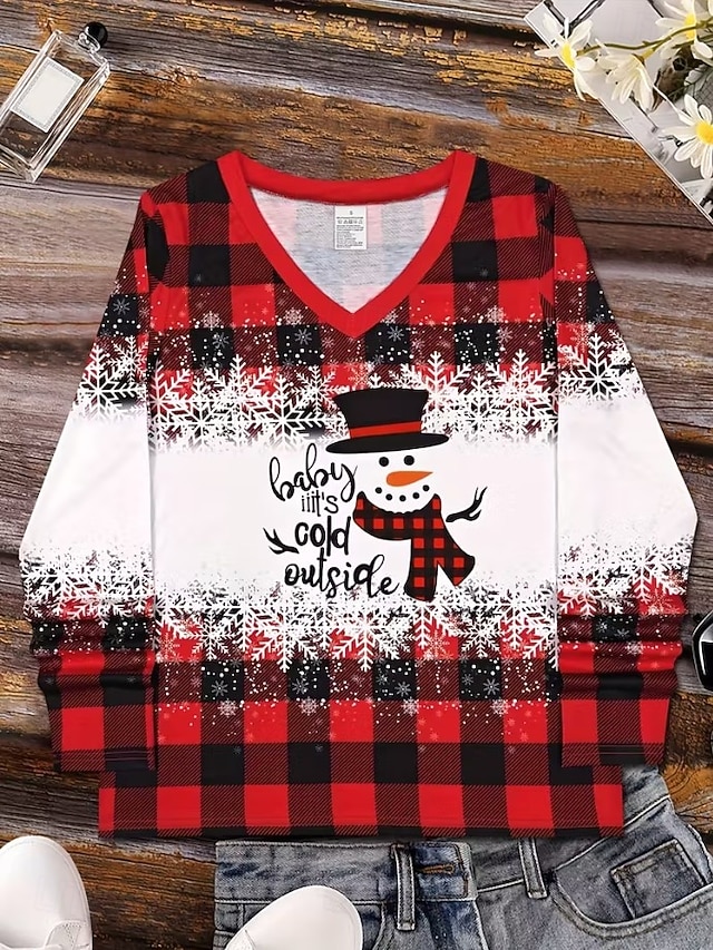Christmas Women's T Shirt Graphic Vintage Stylish Classic Long Sleeve V Neck Regular Tops Daily Print Gray / Red Black+White+Red Black Wine Red Spring Fall Winter - Gray / Red