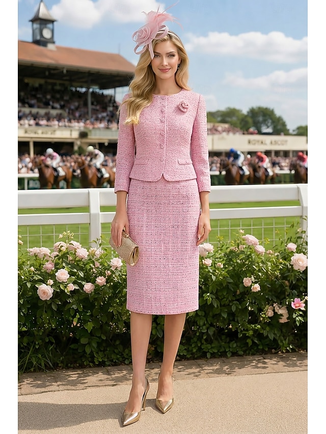 Sheath Column Ankle Length Party Dress Cocktail Dress Wedding Guest Dress Mother of the Bride Dress Long Sleeve Crew Neck Elegant Vintage Party with Buttons - Pink