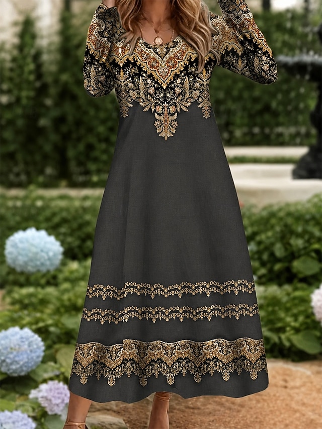 Women's Maxi Dress Boho Sheath Dress T Shirt Dress Tee Dress Vacation Casual Holiday Date Regular Fit Graphic Geometric Tribal Long Sleeve Crew Neck Blue Dark Brown Black Red Spring Fall - Black