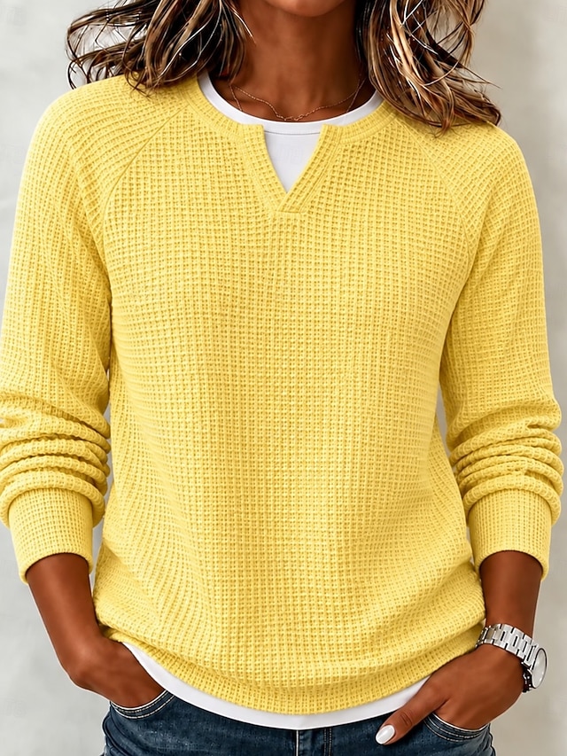 Women's Waffle Polo Shirts Solid Color Bohemia Active Vacation Long Sleeve Crew Neck High Neck Regular Tops Casual Daily Holiday Blue Yellow Red Light Purple Spring Fall Winter - Yellow