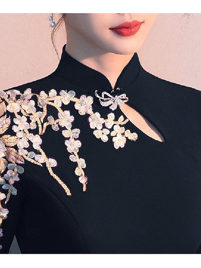 A-Line Mother of the Bride Dress Elegant Simple High Neck Floor Length Stretch Fabric Long Sleeve with Pleats Appliques free custom size - Dark Navy