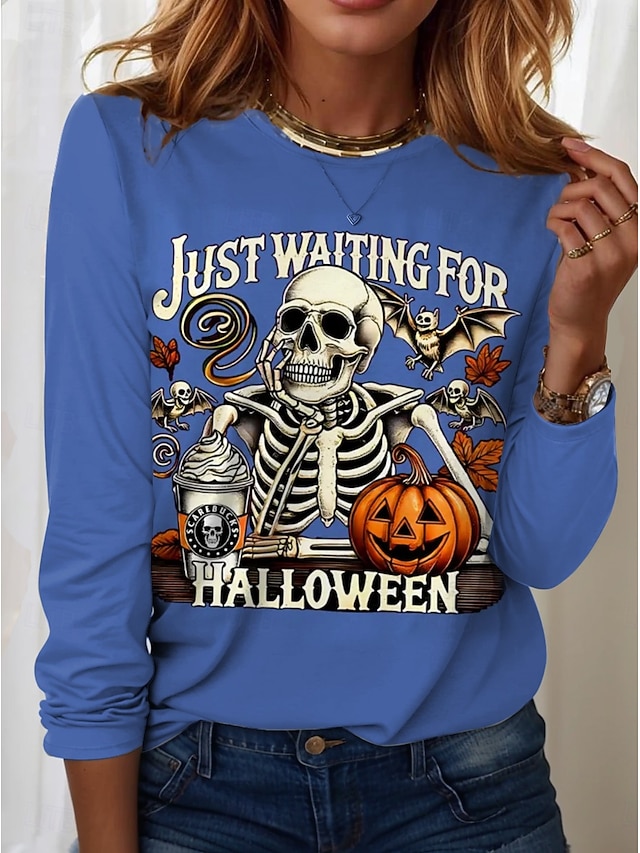 Halloween Women's T shirt Pumpkin Graphic Skull Vintage Fashion Stylish Long Sleeve Crew Neck Round Neck Regular Tops Daily Weekend Print Black White Pink Blue Purple Spring Fall Winter - Blue