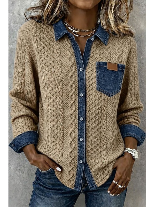 Women's Shirt Buttons Solid Color Vintage Stylish Basic Long Sleeve Shirt Collar Regular Tops Daily Blue Black Pink Khaki Summer Spring Fall - Khaki