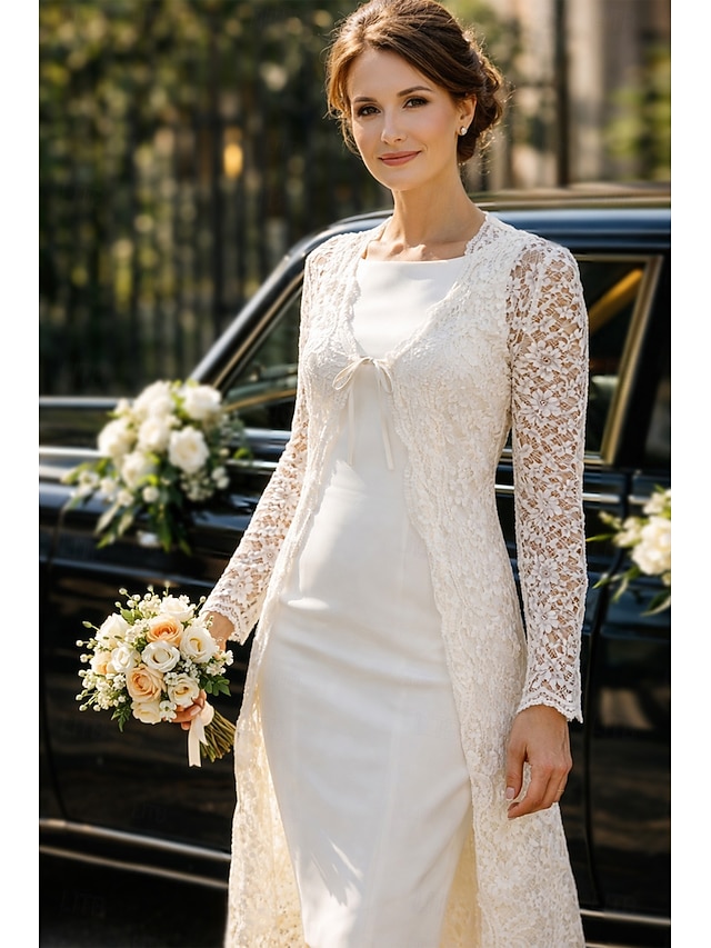 Two Piece Sheath Column Tea Length Wedding Guest Dress Mother of the Bride Dress Sleeveless Square Neck Elegant Wedding Guest Wedding Party Church Chiffon Lace Jacket Dresses with Lace Solid Color - Ivory
