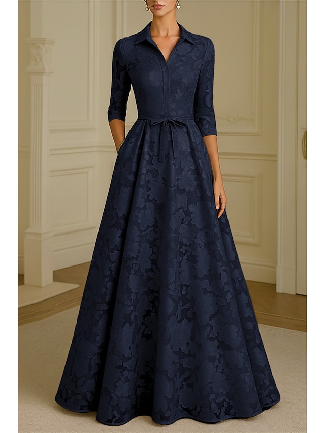 A-Line Floor Length Shirt Dress Formal Dresses Evening Gown Mother of the Bride Dress Long Sleeve Shirt Collar Elegant Vintage Formal Satin Jacquard with Bow(s) Flower - Dark Navy