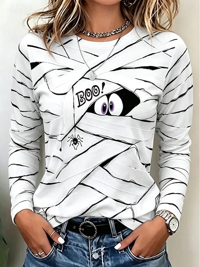 Halloween Women's Cute Mummy Boo Graphic T Shirt Cartoon Bandage Spider Print Long Sleeve Crew Neck Casual Top White Black - White