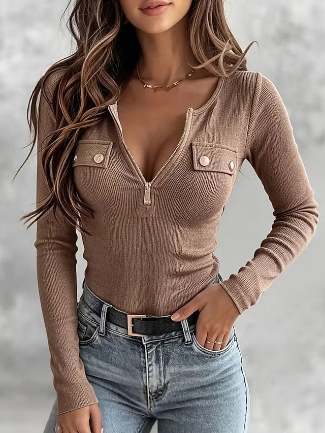 Women's T Shirt Waffle Knit Tops Solid Color Bohemia Vintage Stylish Long Sleeve Henley Regular Tops Casual Daily Weekend Blue White Khaki Black Green Summer Spring Fall Winter - Khaki