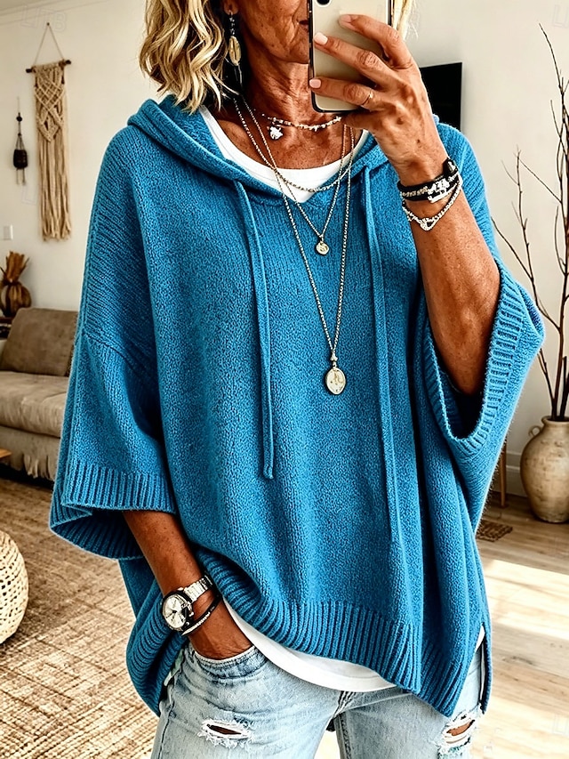 Women's Pullover Sweater Jumper Knit Sweater Streetwear Ribbed Hooded Hooded 3/4 Length Sleeve Long Tops Knit Daily Outdoor Going out Blue White Fall Winter - Blue