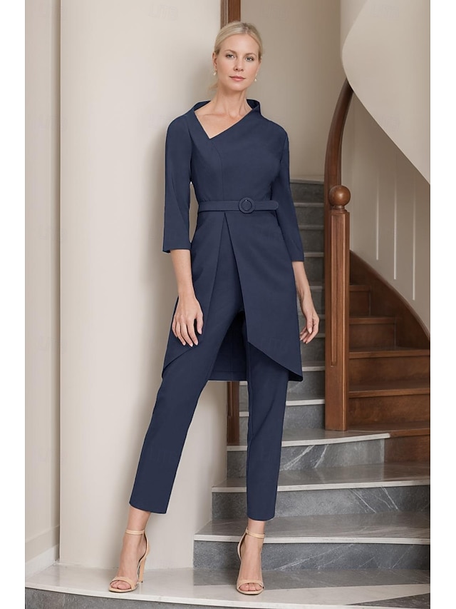 Two Piece Ankle Length Mother of the Bride Dress 3/4 Length Sleeve V Neck Simple Minimalist Casual Formal Wedding Guest Crepe with Sash / Ribbon - Dark Navy