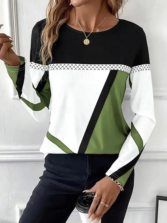 Easter Women's T shirt Long Sleeve Crew Neck Long Sleeve Tunic Graphic Plaid Vintage Stylish Classic Round Neck Regular Tops Daily Print Black Red Blue Purple Brown Fall Prefall - Green