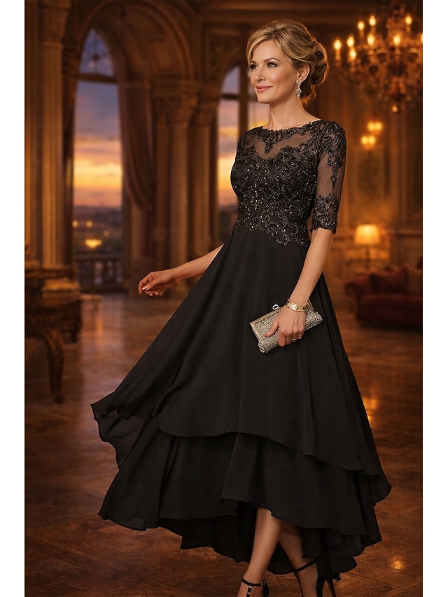 A-Line Asymmetrical Party Dress Cocktail Dress Wedding Guest Dress Mother of the Bride Dress Half Sleeve Crew Neck Elegant Simple Formal Wedding Guest Formal Evening with Lace Solid Color - Black