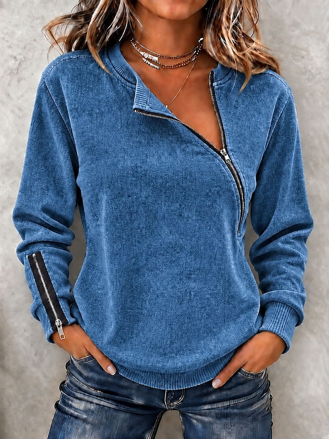 Women's Quarter-zip Sweatshirt Denim Hoodie Denim Shirt Cotton Patchwork Plain Vintage Fashion Stylish Long Sleeve Lapel Regular Tops Casual Beach Blue Khaki Green Spring Fall Winter - Blue