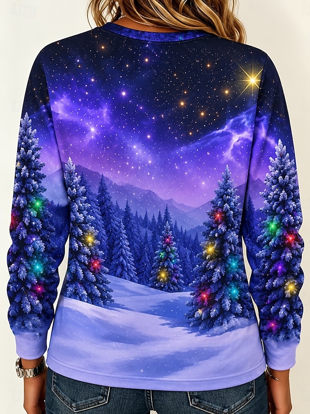Christmas Women's T Shirt Print Graphic Christmas Tree Vintage Fashion Stylish Long Sleeve Crew Neck Regular Tops Casual Daily Weekend Blue Black Red Purple Spring Fall Winter - Purple
