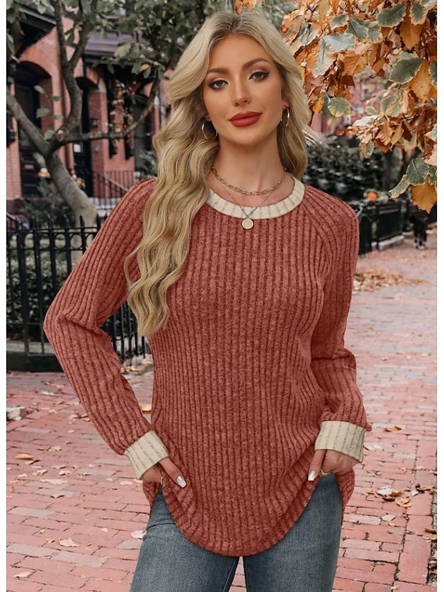 Women's Texture Blouse Textured Knit Tops Ribbed Knit Tops Elegant Vintage Ethnic Long Sleeve Crew Neck Long Tops Casual Daily Going out Rust Red Spring Fall Winter - Rust Red