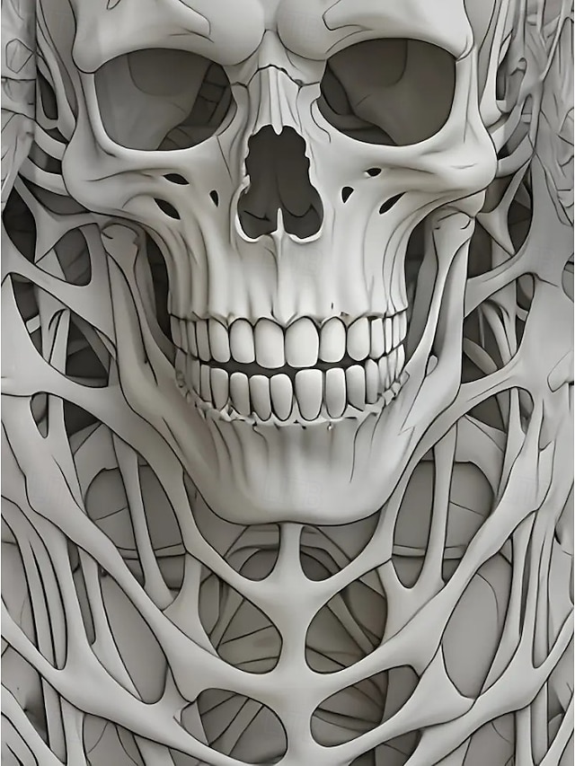 Halloween Women's Giant Skull 3D Bone Cage Print Kimono Cardigan Lightweight Collarless Open Front 3/4 Sleeve Long Cover Up White Gray - White