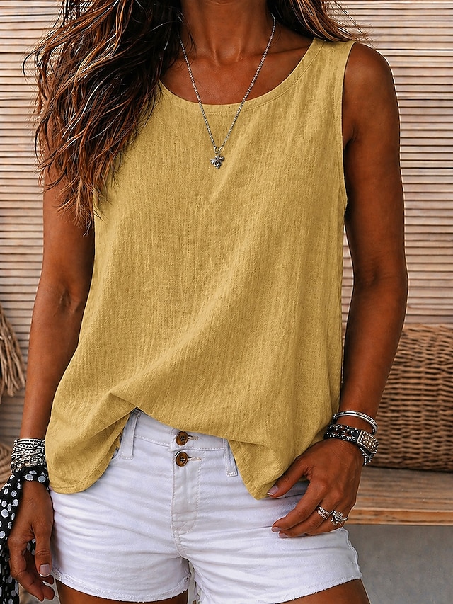 Women's Vintage Cozy 100%Cotton Washed Round Neck Sleeveless Tank Top Casual Black White Sky Blue Orange Violet Summer Spring - Yellow