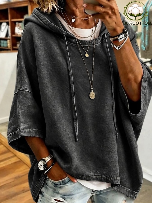Women's Washed Cotton 100% Cotton Pullover Hoodie Sweatshirt Vintage Western 3/4 Length Sleeve Hooded Long Tops Casual Home Street Blue Black Spring Fall Winter - Black