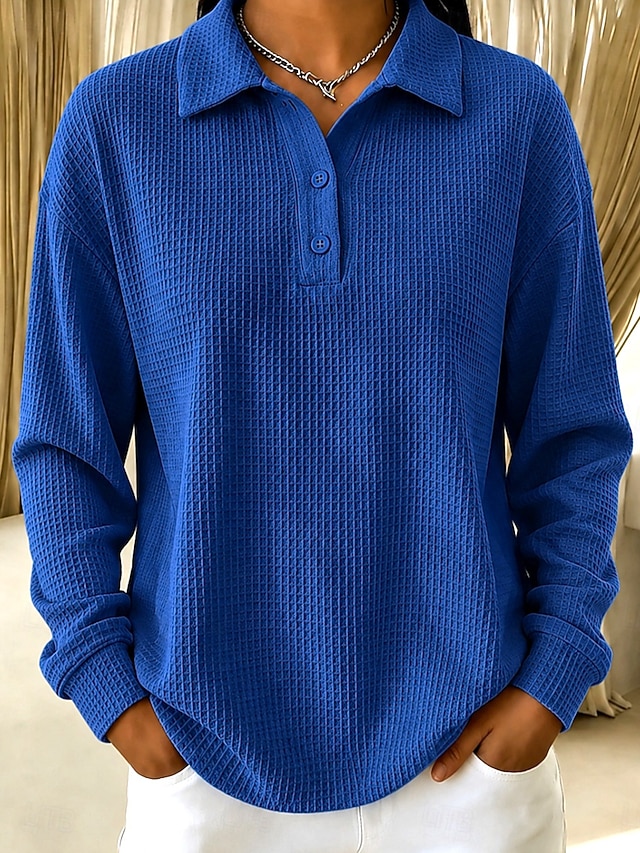 Women's Waffle Shirt Waffle Polo Shirts Texture Vacation Fashion Daily Long Sleeve Long Tops Casual Daily Streetwear Blue Yellow Red Spring Fall - Blue