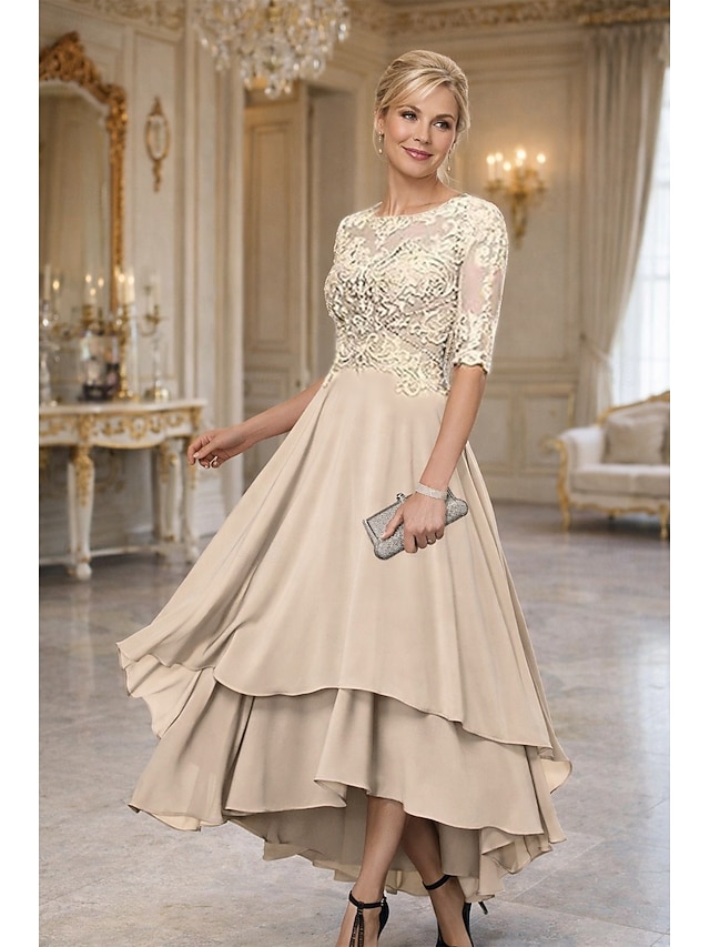 A-Line Asymmetrical Party Dress Cocktail Dress Wedding Guest Dress Mother of the Bride Dress Half Sleeve Crew Neck Elegant Simple Formal Wedding Guest Formal Evening with Lace Solid Color - Champagne