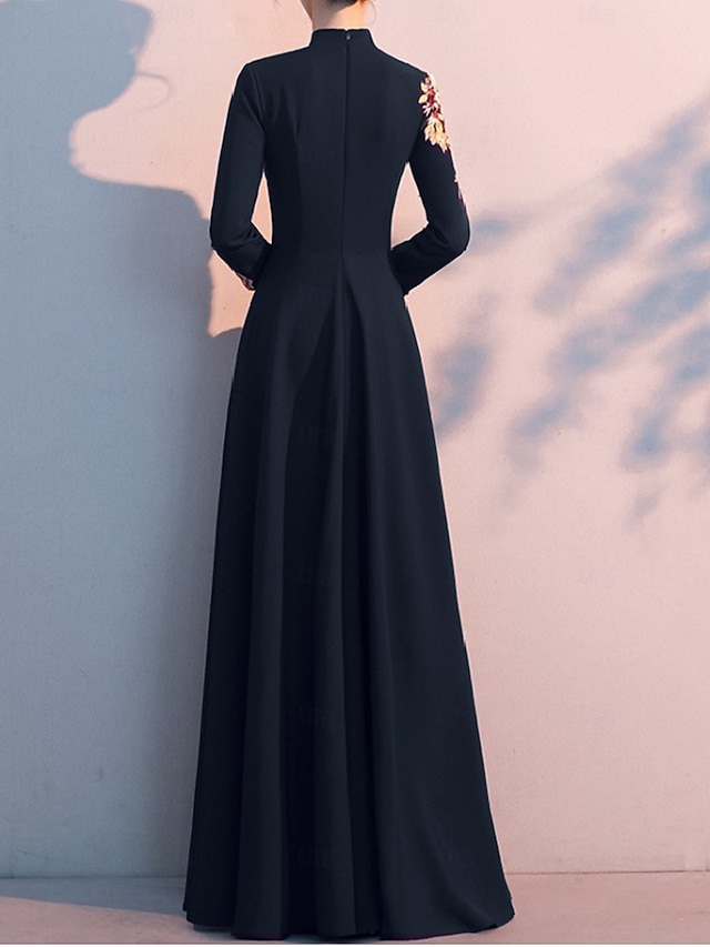 A-Line Mother of the Bride Dress Elegant Simple High Neck Floor Length Stretch Fabric Long Sleeve with Pleats Appliques free custom size - Dark Navy