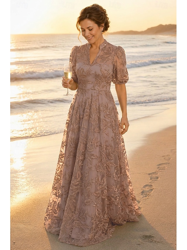 A-Line Dress Floor Length Lace Dress Mother of the Bride Dress Short Sleeve V Neck High Neck Elegant Vintage Luxurious Formal Wedding Guest Semi Formal Lace with Embroidery Appliques - Khaki