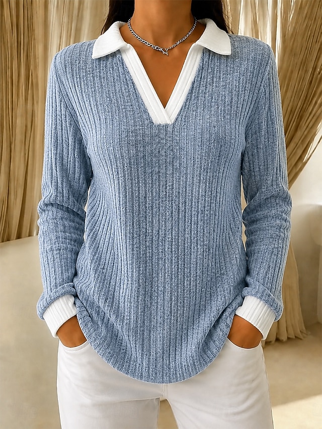 Women's T Shirt Texture Patchwork Solid Color Vintage Stylish Casual Long Sleeve V Neck Off Shoulder Long Tops Casual Blue Khaki Black Pink Brick red Summer Spring Fall - Blue