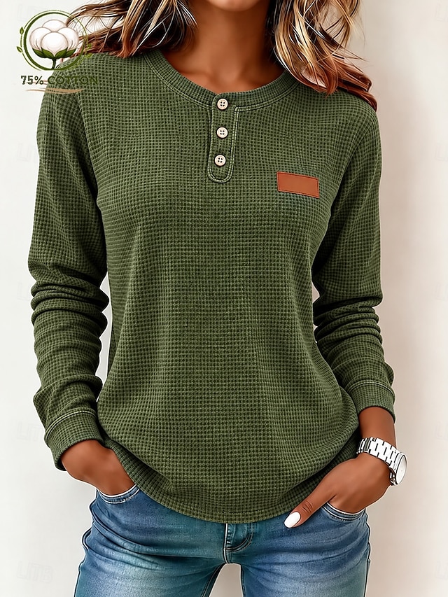Women's Textured Knit Tops T Shirt Waffle Knit Tops Vintage Fashion Stylish Long Sleeve Henley Regular Tops Casual Going out Vacation Wear Blue Yellow Green Gray Spring Fall Winter - Green