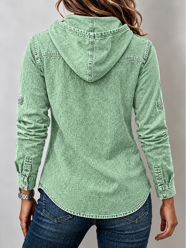 Women's Denim Blouse Denim Shirt Henley Shirt Graphic Plain Vintage Fashion Stylish Long Sleeve Hooded Regular Tops Casual Beach Blue Red Green Summer Spring Fall Winter - Green