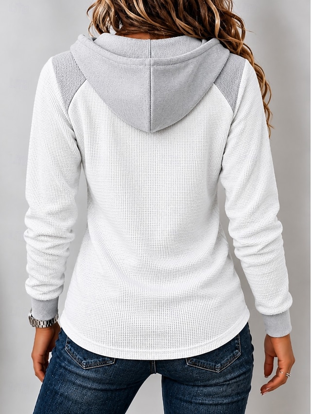 Women's Waffle Polo Shirts Drawstring Solid Color Bohemia Active Vacation Long Sleeve Hooded Regular Tops Casual Blue White Yellow Red Spring Fall Winter - White