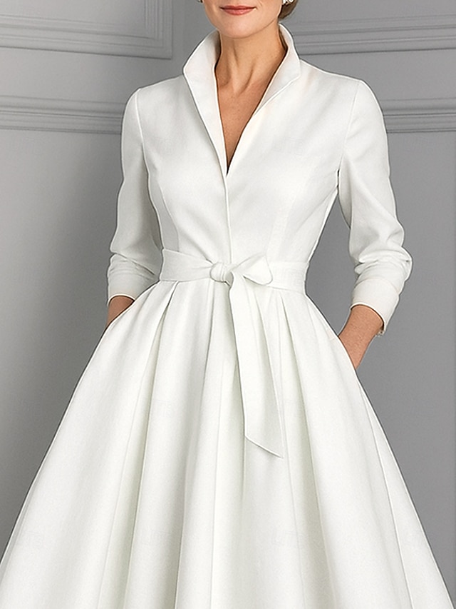 A-Line Ankle Length Party Dress Cocktail Dress Wedding Guest Dress Mother of the Bride Dress Long Sleeve V Neck Elegant Vintage Party Formal Evening Wedding Party Birthday with Pleats - White