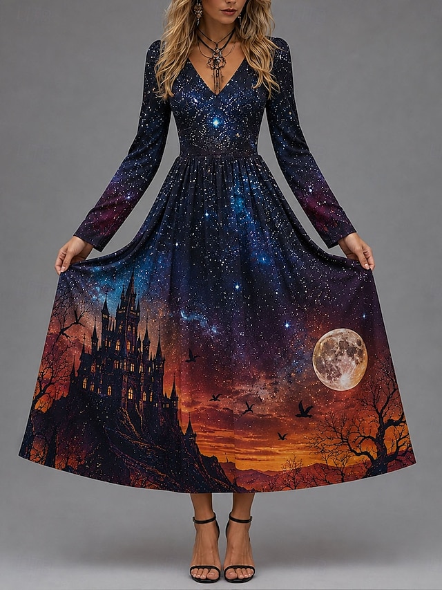 Halloween Women's Maxi Dress A Line Dress Vintage Boho Party Ombre Graphic Cat Long Sleeve V Neck Blue Purple Orange Fall Winter - Orange