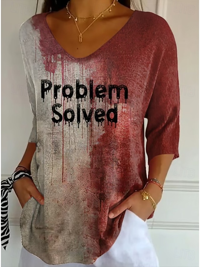 Halloween Women's Blouse Linen Like Breathable Lightweight Problem Solved Graphic 3/4 Length Sleeve V Neck Regular Tops Daily Club Uniforms Cute Outfits Red Summer Spring Fall - Red