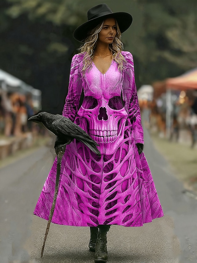 Halloween Women's Giant Skull Skeleton Print Midi Dress X Ray Rib Cage Graphic A Line V Neck Long Sleeve Gothic Costume Party Dress Gray - Purple