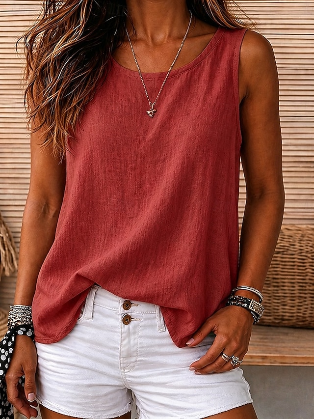 Women's Vintage Cozy 100%Cotton Washed Round Neck Sleeveless Tank Top Casual Black White Sky Blue Orange Violet Summer Spring - Rust Red