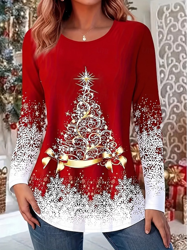 Christmas Women's T Shirt Print Graphic Santa Claus Vintage Fashion Stylish Long Sleeve Crew Neck Long Tops Casual Daily Weekend Black Pink Red Green Spring Fall Winter - Red