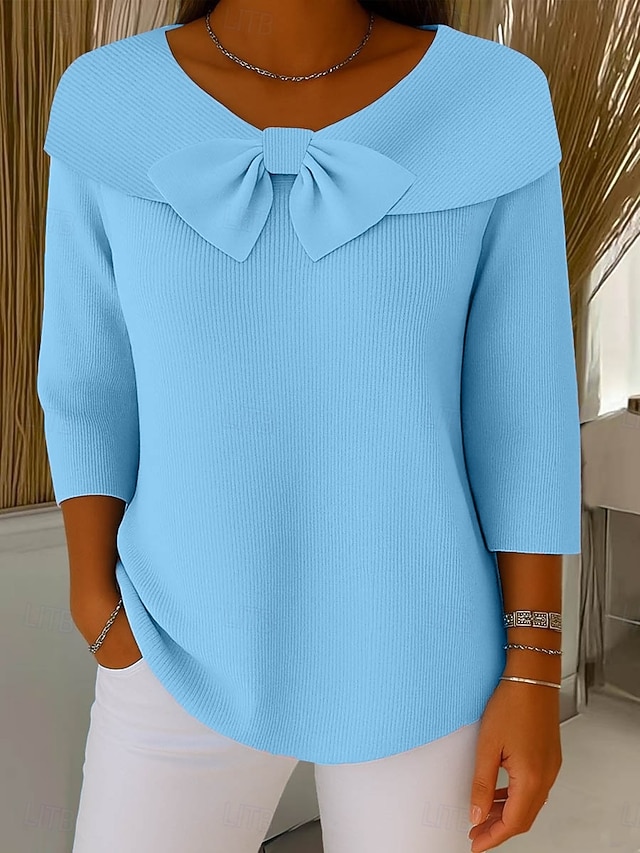 Women's Sweater Elegant Casual Soft Pure Color Ribbed Boat Neck Knitted Long Sleeve Regular Tops Knit Outdoor Daily Weekend Black Pink Spring Fall - Blue