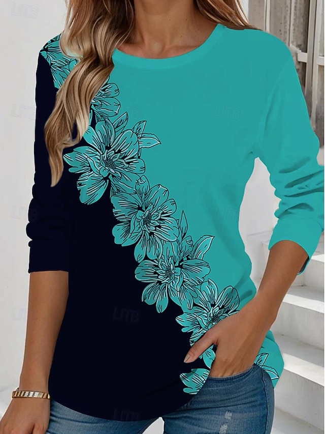 Women's T shirt Long Sleeve Crew Neck Long Sleeve Tunic Floral Graphic Plants Vintage Stylish Classic Round Neck Regular Tops Daily Weekend Print Yellow Light Green Blue Sky Blue Purple Prefall - Green