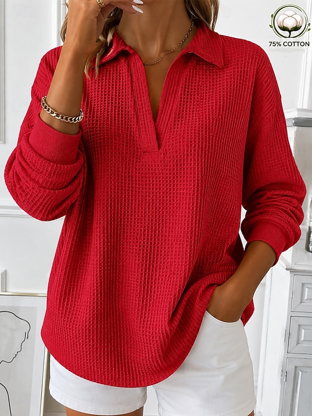 Women's Waffle Shirt Tunic Casual Shirt Texture Vacation Casual Casual Daily Work Blue Grass Green Yellow Red Violet Fall Winter - Red