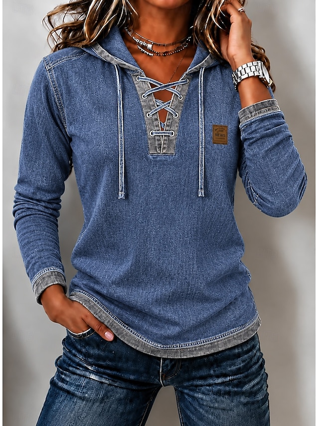 Women's Denim Hoodie Plain Vintage Casual Long Sleeve Half Zip Regular Tops Casual Work Holiday Blue Green khaki Spring Fall Winter - Blue