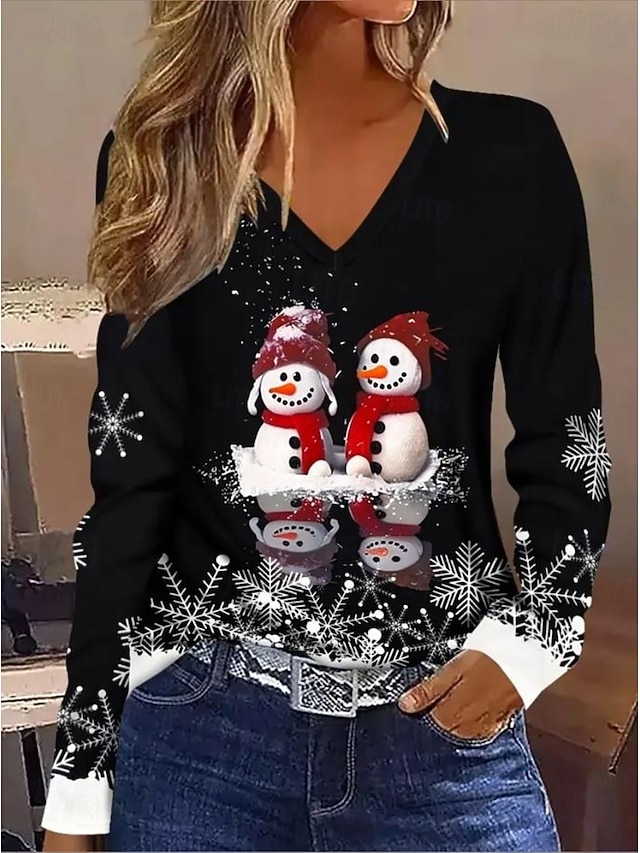 Christmas Women's T Shirt Graphic Vintage Stylish Classic Long Sleeve V Neck Regular Tops Daily Print Gray / Red Black+White+Red Black Wine Red Spring Fall Winter - Black