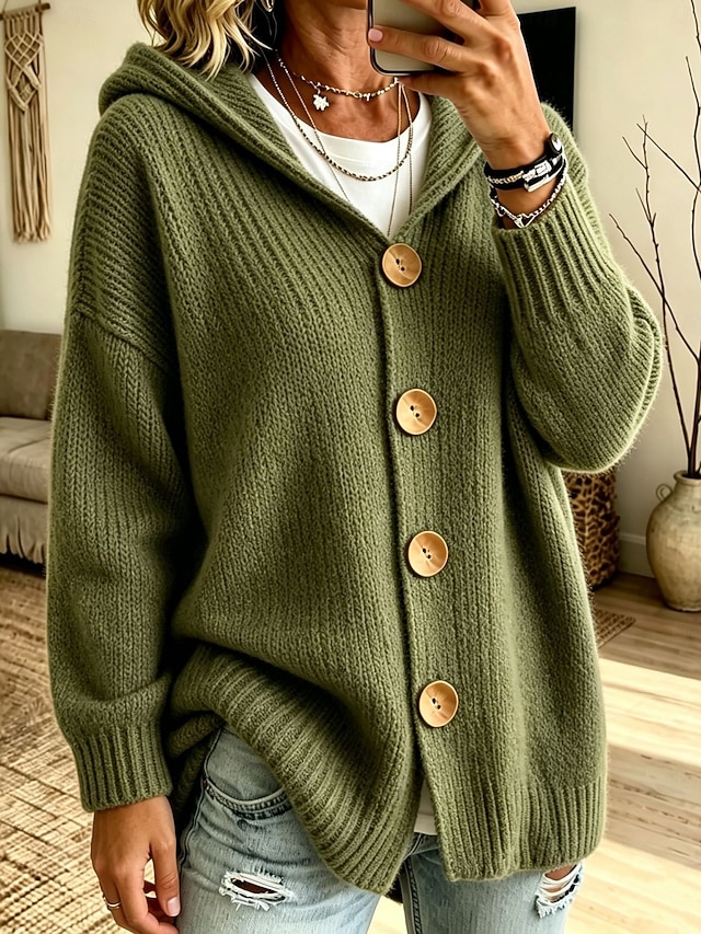Women's Cardigan Sweater Elegant Vintage Fashion Solid Color Hooded Buttons Long Sleeve Long Tops Knit Daily Home Holiday Khaki Black Spring Fall - Green