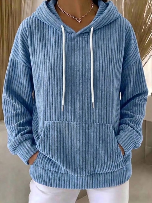 Women's Corduroy Tops Pullover Hoodie Sweatshirt Pocket Plain Warm Active Vintage Long Sleeve Hooded Regular Tops Casual Home Street Blue Purple Fall Winter - Blue