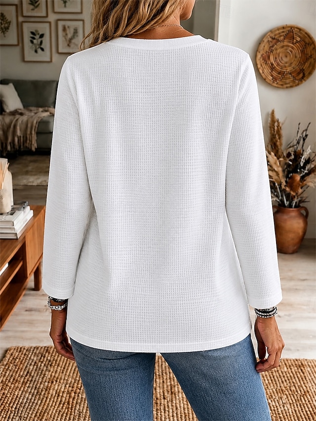 Women's Waffle Knit Long Sleeve 7/8 Sleeve T-Shirt T Shirt White Cotton Top Crew Neck Textured Patchwork Casual Top Longline Shirt Daily White Wine Purple Summer Spring Fall - Purple
