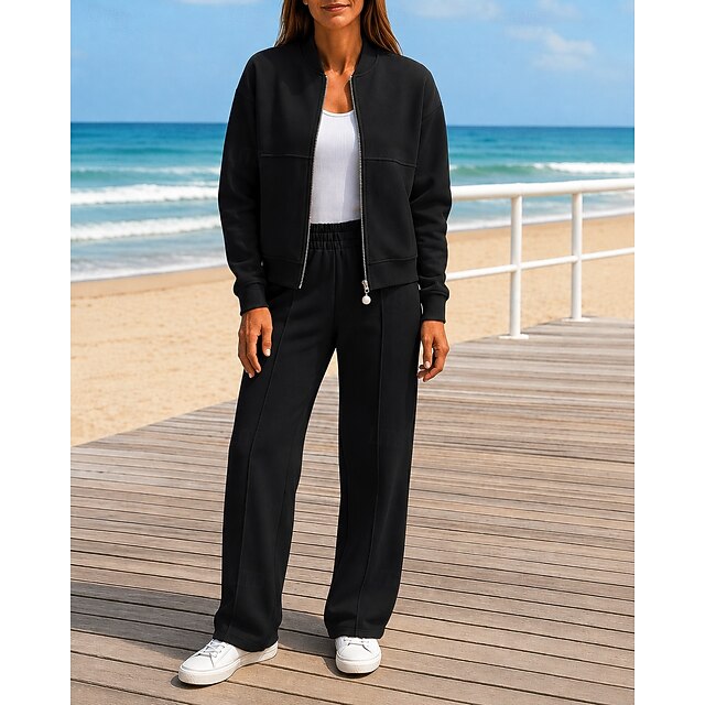 Women's 2 Piece Outfits Lounge Sweatsuit Pocket Solid Colored Clothing Suit Fall Black White Spandex Outdoor Travel Sports Moisture Wicking Long Sleeve Sport Activewear Micro-elastic Regular Fit - Black