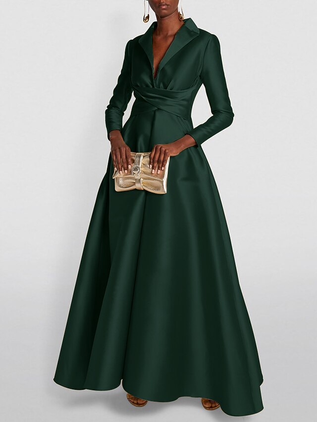 A-Line Floor Length Wedding Guest Dress Formal Dresses Flare Dress Mother of the Bride Dress Long Sleeve Shirt Collar Elegant Formal Wedding Guest Satin with Ruched - Dark Green