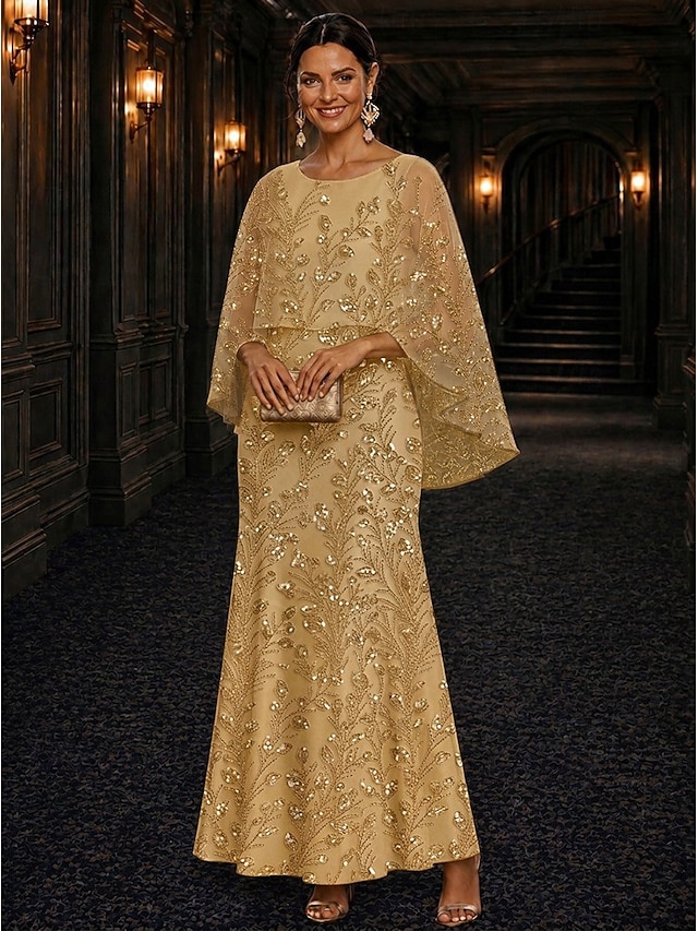 A-Line Dress Floor Length Ankle Length Cocktail Dress Mother of the Bride Dress Long Sleeve Scoop Neck Elegant Luxurious Sparkle & Shine Formal Wedding Guest Semi Formal Lace with Beading Sequin - Gold