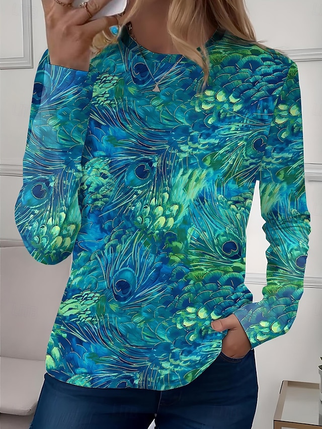 Women's T shirt Long Sleeve Crew Neck Long Sleeve Tunic Floral Casual Regular Tops Daily Print Sage Green Pink Blue Sky Blue Purple Spring Fall Prefall - Blue