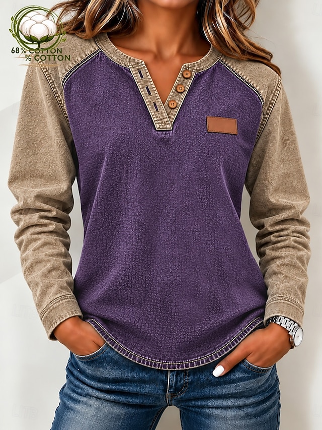 Women's Denim Blouse Denim Shirt Solid Color Active Vacation Vintage Long Sleeve Polo Collar Regular Tops Casual Daily Holiday Blue Black Purple Spring Fall Winter - Purple